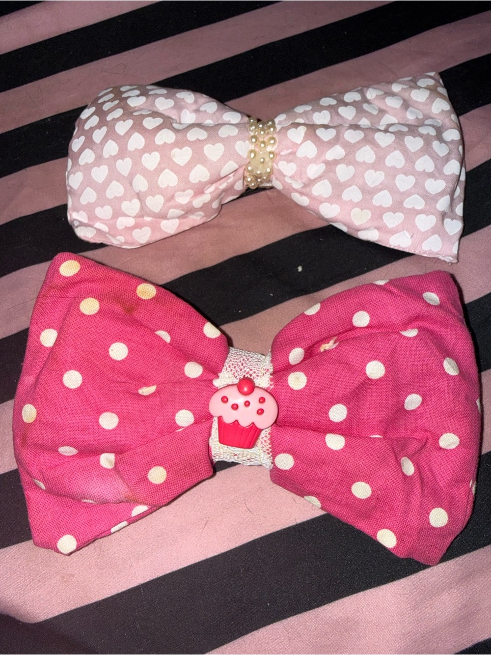 2 x handmade 1 of a kind padded Lolita hairbows cosplay pink cupcake pearls cute